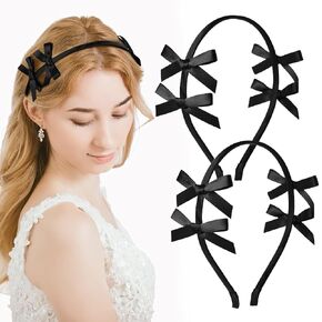 2 PCS Double Ribbon Bow Headband for Women Satin Hair Bows Thin Headband Hair Band Wedding Headband Hair Accessories for Women Girls (Pink&Black)