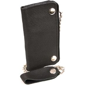 Milwaukee Leather MLW7883 Men's 6" Black Naked Leather Soft Biker Wallet - Bi-Fold Anti-Theft Stainless Steel Chain - One Size