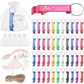 Quinceañera Party Favors Includes Quinceañera Keychain Bottle Opener Favor Thank You Tags Organza Bags with Flax Rope for 15 Years Birthday Party Supplies Guests Souvenirs(56 Set)