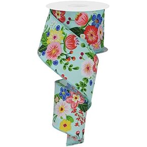 Graphic Florals Flower Pattern Wired Edge Ribbon for Fabric Bows, Wreaths, Garlands, Gift Wrap, Baskets, Arrangements, Crafts and Decorations, 2.5" Wide x 10 Yards, Aqua Light Blue, Green, Pink, Multi