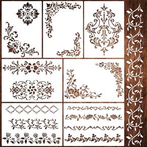 Stencils for Crafts Reusable 11.7x8.26" Furniture Stencils Damask Stencil Corner Border Stencil Texture Stencils Drawing Template for Wood Wall Canvas Fabric（A4/7p）