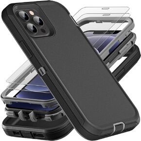 for iPhone 12 Case/iPhone 12 Pro Case, Military Grade 3 in 1 Heavy Duty Shockproof/Drop Proof/Dust Proof Case with 2Pcs Tempered Glass Screen Protector (Black/Grey)