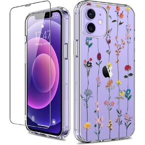 GiiKa for iPhone 12 Case, iPhone 12 Pro Case with Screen Protector, Clear Full Body Protective Floral Girls Women Shockproof Hard Case with TPU Bumper Cover Phone Case for iPhone 12, Small Flowers in Kuwait
