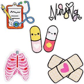 Iron-on Patches for Clothing: 5Pcs EMT Nurse Medical Stethoscope Woundplast Pills Embroidered Sew on/Iron on Applique Repair Patch for Clothes Jeans Dress Backpacks
