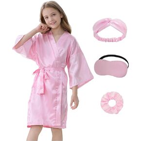 Kid Girls Spa Costume Party Set with Eyemask Hairband Hair Ring, Silky Plain Kimono Robes for Wedding Flower Robe