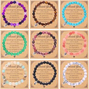 9Pcs 8MM Teacher Appreciation Gifts for Women Men Natural Stone Bracelets Healing Crystal Beaded Bracelets Thank You Gifts for Teacher Meaningful Gifts With Gift Message Card