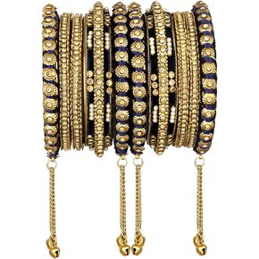 Aheli Wedding Party Designer Faux Stone Studded Bridal Bangle Set Chuda with Hangings Indian Traditional Bangles Ethnic Fashion Jewelry for Women Blue