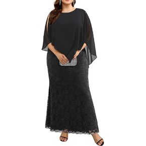 Women's Plus Size Cape Dress with Chiffon Overlay Gown Formal Evening Lace Long Mermaid Dresses 2024