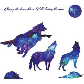3D Blue Starry Sky Wolf Moon Wall Decals Removable PVC Magic 3D Milky Way Outer Space Planet Wall Sticker Peel Stick Home Decor for Kids Baby Bedroom Boys Girls Nursery Room Ceiling Living Room
