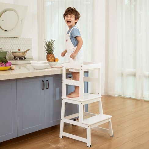 Kitchen Step Stool for Toddlers and Kids with Safety Rails for Kitchen Counter Solid Wood (White) in Saudi Arabia