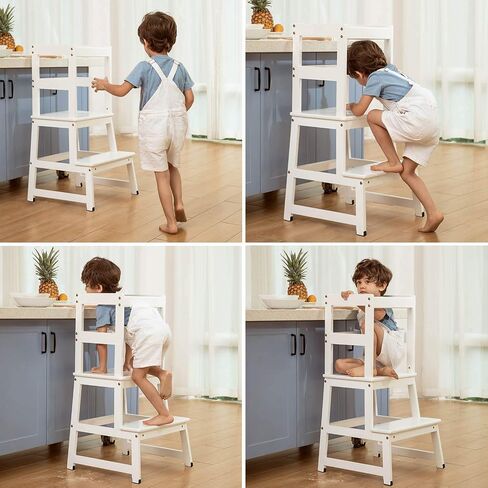 Kitchen Step Stool for Toddlers and Kids with Safety Rails for Kitchen Counter Solid Wood (White) in Saudi Arabia