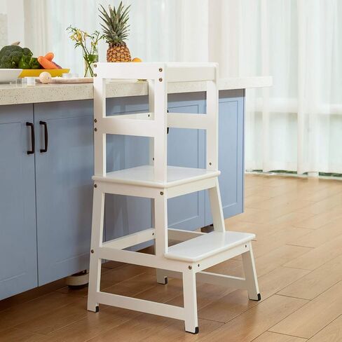 Kitchen Step Stool for Toddlers and Kids with Safety Rails for Kitchen Counter Solid Wood (White) in Saudi Arabia