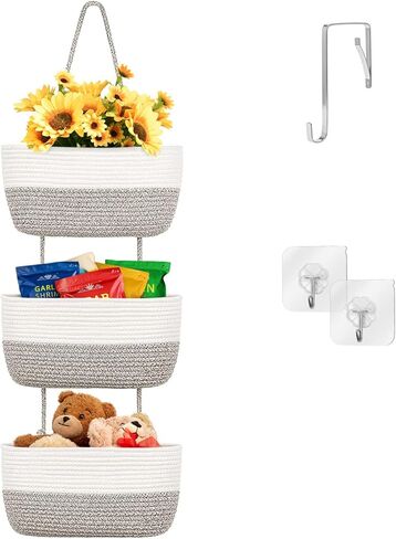 AivaToba سلة معلقة فوق الباب، منظم تخزين من الحبال القطنية المعلقة على الحائط بثلاثة طبقات، سلة تخزين مزخرفة لغرفة المعيشة (بني) in Kuwait