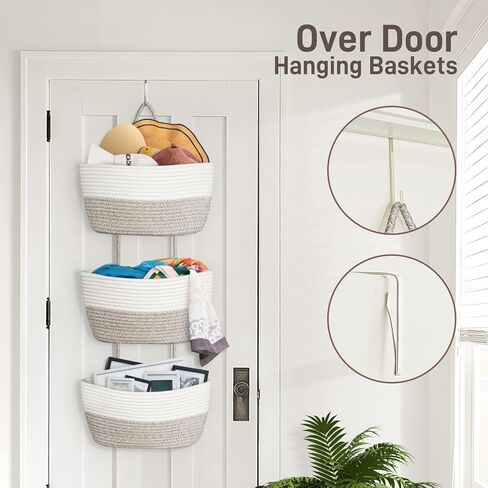 AivaToba سلة معلقة فوق الباب، منظم تخزين من الحبال القطنية المعلقة على الحائط بثلاثة طبقات، سلة تخزين مزخرفة لغرفة المعيشة (بني) in Kuwait