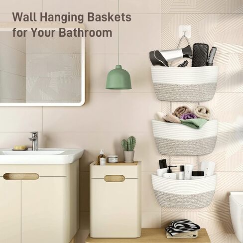 AivaToba سلة معلقة فوق الباب، منظم تخزين من الحبال القطنية المعلقة على الحائط بثلاثة طبقات، سلة تخزين مزخرفة لغرفة المعيشة (بني) in Kuwait