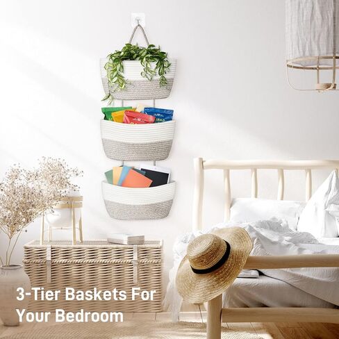 AivaToba سلة معلقة فوق الباب، منظم تخزين من الحبال القطنية المعلقة على الحائط بثلاثة طبقات، سلة تخزين مزخرفة لغرفة المعيشة (بني) in Kuwait