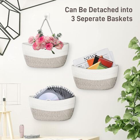AivaToba سلة معلقة فوق الباب، منظم تخزين من الحبال القطنية المعلقة على الحائط بثلاثة طبقات، سلة تخزين مزخرفة لغرفة المعيشة (بني) in Kuwait