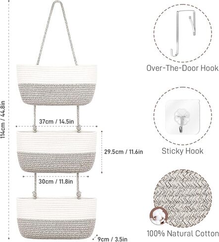 AivaToba سلة معلقة فوق الباب، منظم تخزين من الحبال القطنية المعلقة على الحائط بثلاثة طبقات، سلة تخزين مزخرفة لغرفة المعيشة (بني) in Kuwait