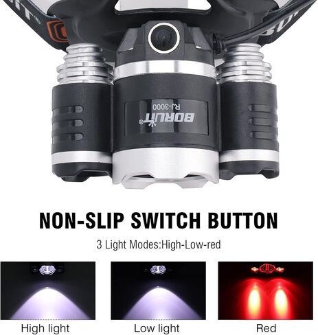BORUIT RJ-3000 Rechargeabe LED Headlamp 5000 Lumens with Green Light, 3 Modes Super Bright USB Head Lamp IPX4 Waterproof Headlight for Adults USB Outdoor Fishing Camping in Kuwait