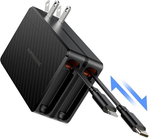 أحدث 2024 شاحن حائط قابل للسحب PD 65 وات، كتلة شاحن كمبيوتر محمول 2 في 1 USB C مع منافذ متعددة، كابلات قابلة للسحب من النوع C وLightning لأجهزة MacBook Pro/Air وiPad وiPhone وSamsung Galaxy in Kuwait