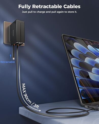 أحدث 2024 شاحن حائط قابل للسحب PD 65 وات، كتلة شاحن كمبيوتر محمول 2 في 1 USB C مع منافذ متعددة، كابلات قابلة للسحب من النوع C وLightning لأجهزة MacBook Pro/Air وiPad وiPhone وSamsung Galaxy in Kuwait