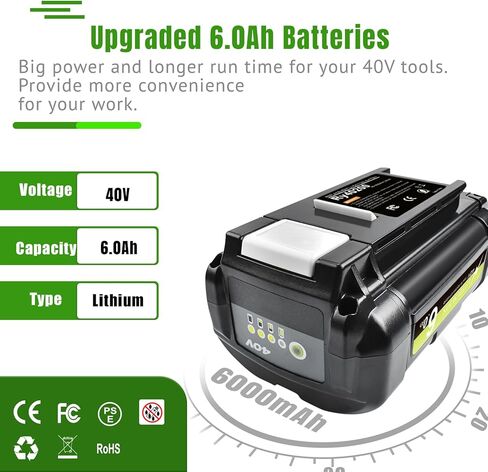 6.0Ah بديلة لبطارية Ryobi 40V، متوافقة مع بطارية Ryobi 40 فولت OP4040 OP4015 OP4026 OP40261 OP4026A OP40201 OP4030 OP40301 OP40401 OP4050 OP4050A OP40601 OP4060A in Kuwait