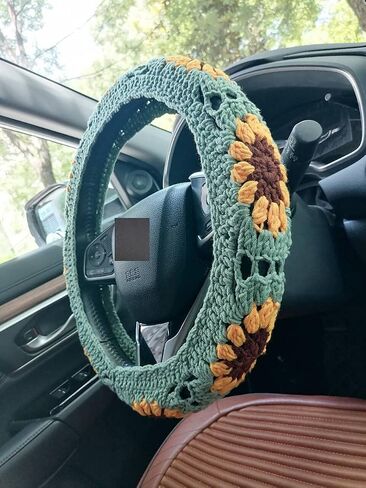 Crochet Steering Wheel Cover,Sunflower Crochet Steering Wheel Cover,Car Steering (Steering Wheel Cover+2 Belt Cover) in Saudi Arabia