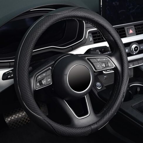 غطاء عجلة قيادة السيارة من KAFEEK، مقاس 15 بوصة، جلد أسود من الألياف الدقيقة، سميك، عديم الرائحة، مسامي، محيطي بالكامل، بطانة سوداء مضادة للانزلاق، نمط رياضي، أسود in Kuwait