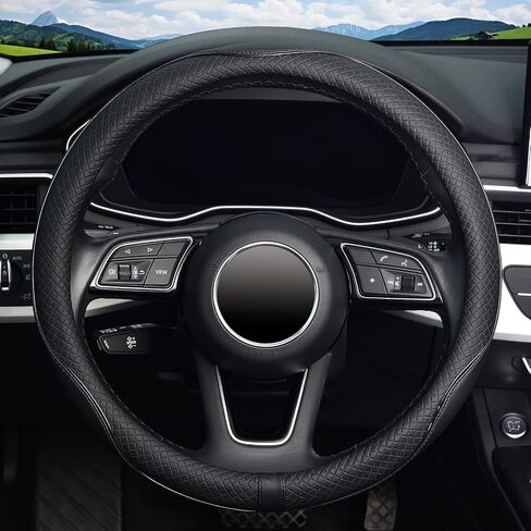 غطاء عجلة قيادة السيارة من KAFEEK، مقاس 15 بوصة، جلد أسود من الألياف الدقيقة، سميك، عديم الرائحة، مسامي، محيطي بالكامل، بطانة سوداء مضادة للانزلاق، نمط رياضي، أسود in Kuwait