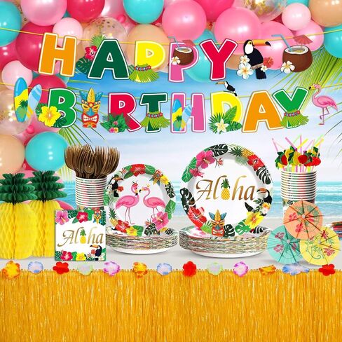 334Pcs Luau Aloha Party Decorations, Hawaiian Birthday Party Supplies for Tropical Summer Baby Shower Beach Decor Disposable Plates Napkin Cups Dinnerware Set, Table Skirt Straw Balloon Kit (25 Guest) in Saudi Arabia