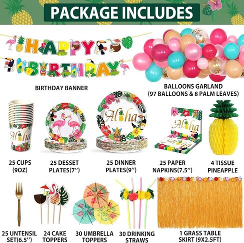 334Pcs Luau Aloha Party Decorations, Hawaiian Birthday Party Supplies for Tropical Summer Baby Shower Beach Decor Disposable Plates Napkin Cups Dinnerware Set, Table Skirt Straw Balloon Kit (25 Guest) in Saudi Arabia