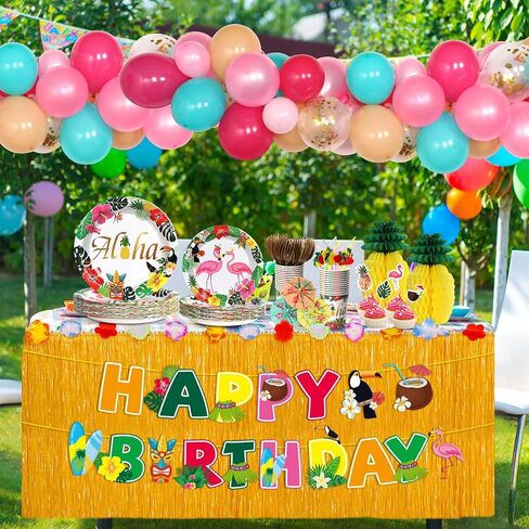 334Pcs Luau Aloha Party Decorations, Hawaiian Birthday Party Supplies for Tropical Summer Baby Shower Beach Decor Disposable Plates Napkin Cups Dinnerware Set, Table Skirt Straw Balloon Kit (25 Guest) in Saudi Arabia