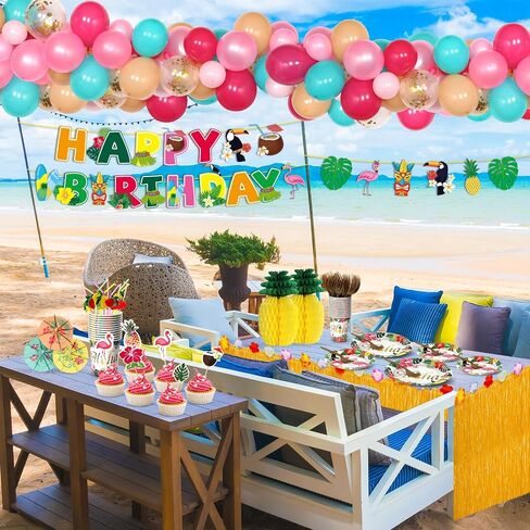 334Pcs Luau Aloha Party Decorations, Hawaiian Birthday Party Supplies for Tropical Summer Baby Shower Beach Decor Disposable Plates Napkin Cups Dinnerware Set, Table Skirt Straw Balloon Kit (25 Guest) in Saudi Arabia