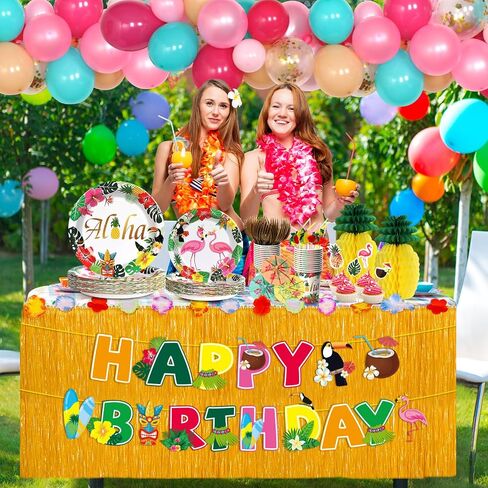 334Pcs Luau Aloha Party Decorations, Hawaiian Birthday Party Supplies for Tropical Summer Baby Shower Beach Decor Disposable Plates Napkin Cups Dinnerware Set, Table Skirt Straw Balloon Kit (25 Guest) in Saudi Arabia
