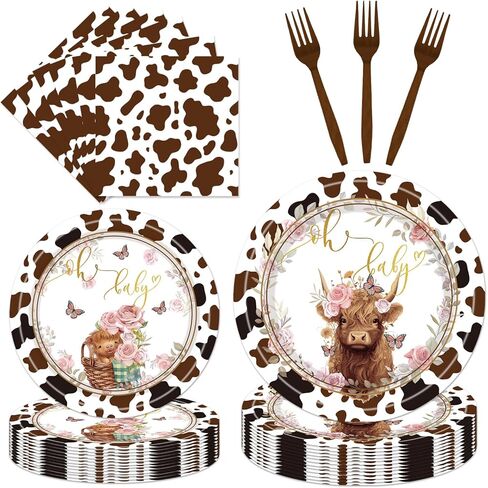 96 قطعة من لوازم حفلات بقرة هايلاند - زينة حفلات أعياد الميلاد مطبوعة على شكل بقرة بنية، أطباق ورقية من بقرة هايلاند، مناديل وشوك، مجموعة أدوات مائدة للاستعمال مرة واحدة للأطفال في عيد ميلاد الطفل، تخدم 24 ضيفًا in Kuwait