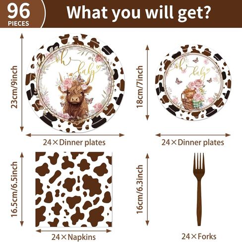 96 قطعة من لوازم حفلات بقرة هايلاند - زينة حفلات أعياد الميلاد مطبوعة على شكل بقرة بنية، أطباق ورقية من بقرة هايلاند، مناديل وشوك، مجموعة أدوات مائدة للاستعمال مرة واحدة للأطفال في عيد ميلاد الطفل، تخدم 24 ضيفًا in Kuwait