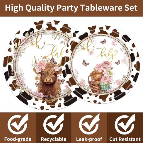 96 قطعة من لوازم حفلات بقرة هايلاند - زينة حفلات أعياد الميلاد مطبوعة على شكل بقرة بنية، أطباق ورقية من بقرة هايلاند، مناديل وشوك، مجموعة أدوات مائدة للاستعمال مرة واحدة للأطفال في عيد ميلاد الطفل، تخدم 24 ضيفًا in Kuwait