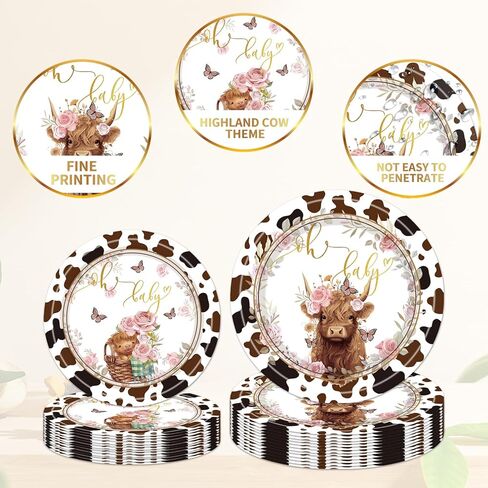 96 قطعة من لوازم حفلات بقرة هايلاند - زينة حفلات أعياد الميلاد مطبوعة على شكل بقرة بنية، أطباق ورقية من بقرة هايلاند، مناديل وشوك، مجموعة أدوات مائدة للاستعمال مرة واحدة للأطفال في عيد ميلاد الطفل، تخدم 24 ضيفًا in Kuwait
