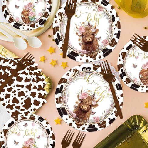 96 قطعة من لوازم حفلات بقرة هايلاند - زينة حفلات أعياد الميلاد مطبوعة على شكل بقرة بنية، أطباق ورقية من بقرة هايلاند، مناديل وشوك، مجموعة أدوات مائدة للاستعمال مرة واحدة للأطفال في عيد ميلاد الطفل، تخدم 24 ضيفًا in Kuwait
