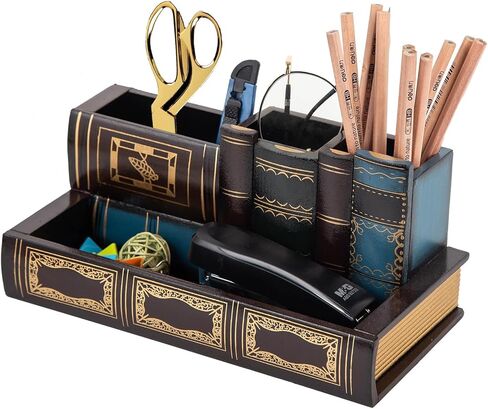 VERGOODR Decorative Pencil and Pen Holder with Storage Drawer, Wooden Desk Organizer Caddy, Antique Library Books Design Pen Cup for Office Supplies, Countertop, Desk,Table (Reddish brown) in Saudi Arabia