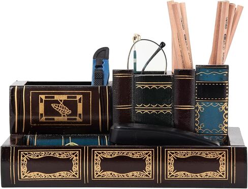 VERGOODR Decorative Pencil and Pen Holder with Storage Drawer, Wooden Desk Organizer Caddy, Antique Library Books Design Pen Cup for Office Supplies, Countertop, Desk,Table (Reddish brown) in Saudi Arabia