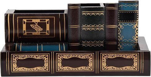 VERGOODR Decorative Pencil and Pen Holder with Storage Drawer, Wooden Desk Organizer Caddy, Antique Library Books Design Pen Cup for Office Supplies, Countertop, Desk,Table (Reddish brown) in Saudi Arabia