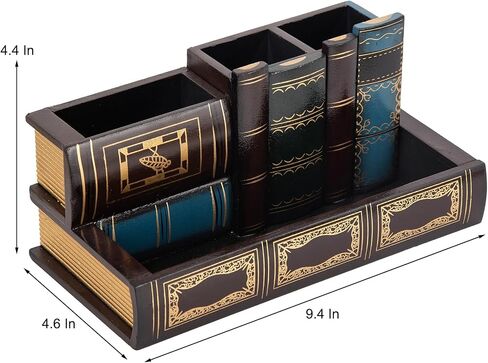 VERGOODR Decorative Pencil and Pen Holder with Storage Drawer, Wooden Desk Organizer Caddy, Antique Library Books Design Pen Cup for Office Supplies, Countertop, Desk,Table (Reddish brown) in Saudi Arabia