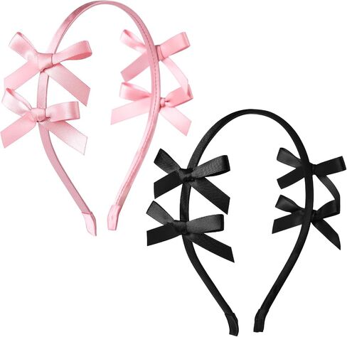 2 PCS Double Ribbon Bow Headband for Women Satin Hair Bows Thin Headband Hair Band Wedding Headband Hair Accessories for Women Girls (Pink&Black) in Saudi Arabia