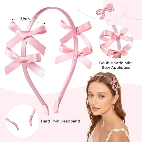2 PCS Double Ribbon Bow Headband for Women Satin Hair Bows Thin Headband Hair Band Wedding Headband Hair Accessories for Women Girls (Pink&Black) in Saudi Arabia