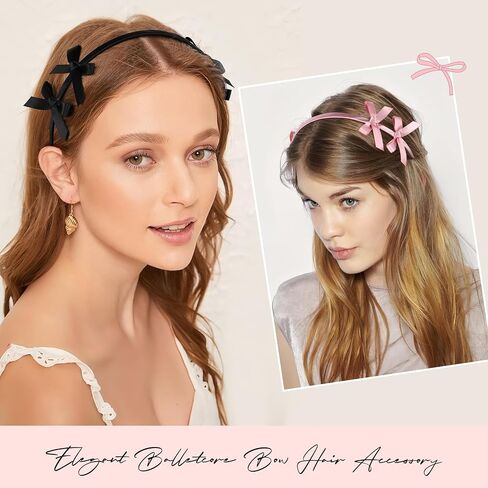 2 PCS Double Ribbon Bow Headband for Women Satin Hair Bows Thin Headband Hair Band Wedding Headband Hair Accessories for Women Girls (Pink&Black) in Saudi Arabia