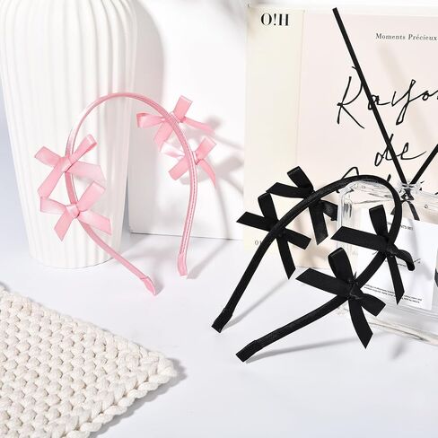 2 PCS Double Ribbon Bow Headband for Women Satin Hair Bows Thin Headband Hair Band Wedding Headband Hair Accessories for Women Girls (Pink&Black) in Saudi Arabia
