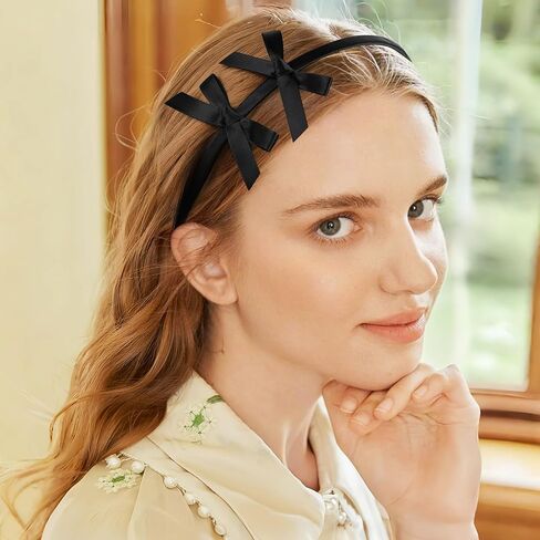 2 PCS Double Ribbon Bow Headband for Women Satin Hair Bows Thin Headband Hair Band Wedding Headband Hair Accessories for Women Girls (Pink&Black) in Saudi Arabia