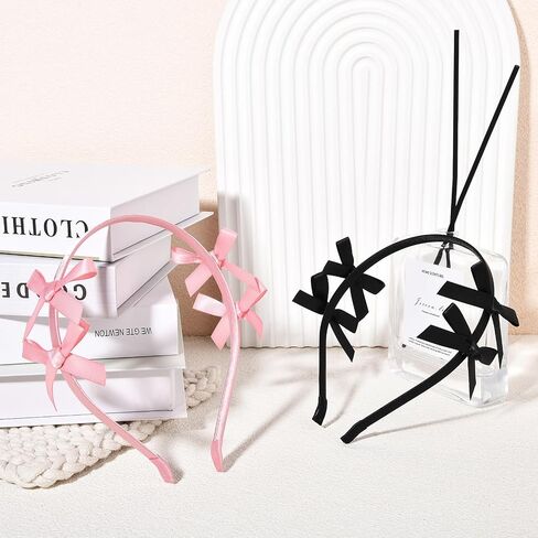 2 PCS Double Ribbon Bow Headband for Women Satin Hair Bows Thin Headband Hair Band Wedding Headband Hair Accessories for Women Girls (Pink&Black) in Saudi Arabia