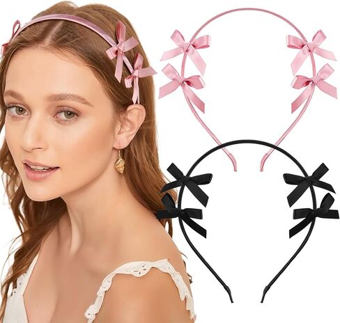 2 PCS Double Ribbon Bow Headband for Women Satin Hair Bows Thin Headband Hair Band Wedding Headband Hair Accessories for Women Girls (Pink&Black) in Saudi Arabia